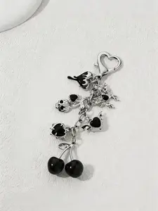 Elegant Cherry Heart Wings Butterfly Keychain with Rhinestones, Stylish Y2K Trendy Key Ring Gift for Friends, Beautiful Alloy Accessory
