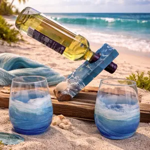 Tide & Toast Coastal Pour Set - Includes Ocean-Themed Wine Bottle Holder & Matching Glasses for Coastal Vibes