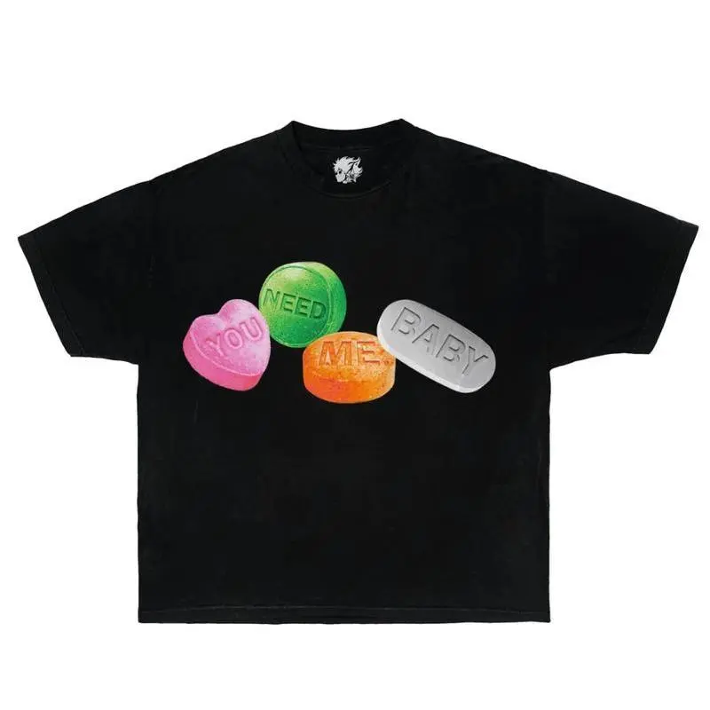 CANDY T-shirt Garment Dyed Boxy Ultra Cotton Streetwear Shirt Y2K Fashion Grillz Pills funny shirt