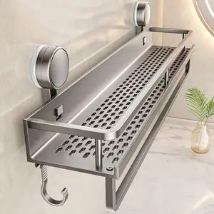 Heavy-Duty Stainless Steel Shower Caddy with suction cup and towel hook. Rust-resistant minimalist floating shelf, perfect for storing toiletries. Space-saving wall organizer for bathroom and shower use, Shower Rack, Bathroom Organizing Accessories