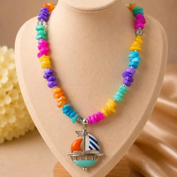 Women's Coastal Colorburst Sailboat Statement Necklace, Bold Fashion Accessory for Casual Outings