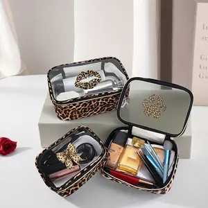 Durable Leopard Print Wash Bag, Small Portable Travel Organizer, Multi-Layer Design, Fashionable Appearance, Unisex Cosmetic & Electronics Pouch