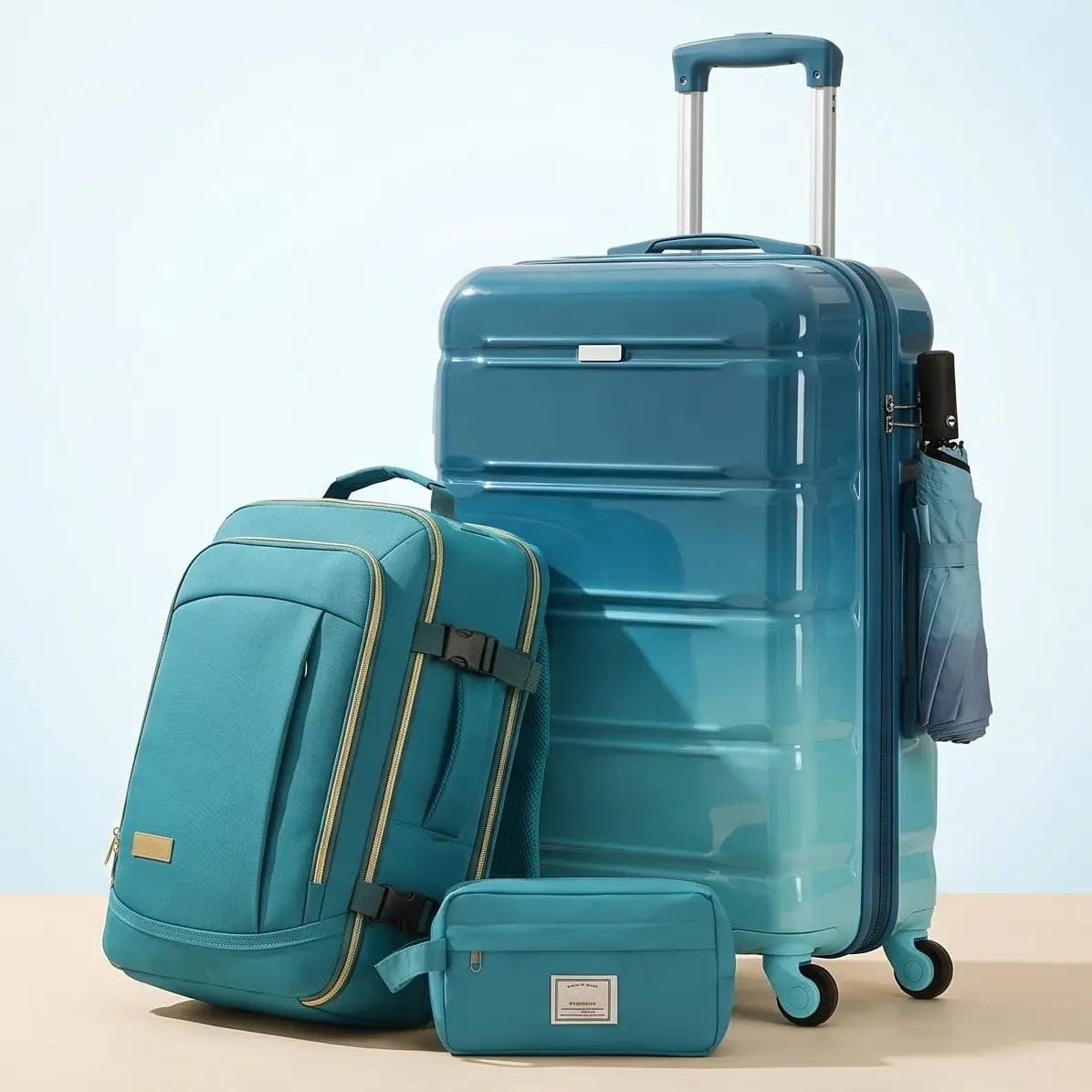 3-piece carry on luggage set, checked baggage 20/24/28 inch stylish gradient color hard surface suitcase+travel backpack and wash bag TSA lock travel set light blue, Luggage Sets, Waterproof