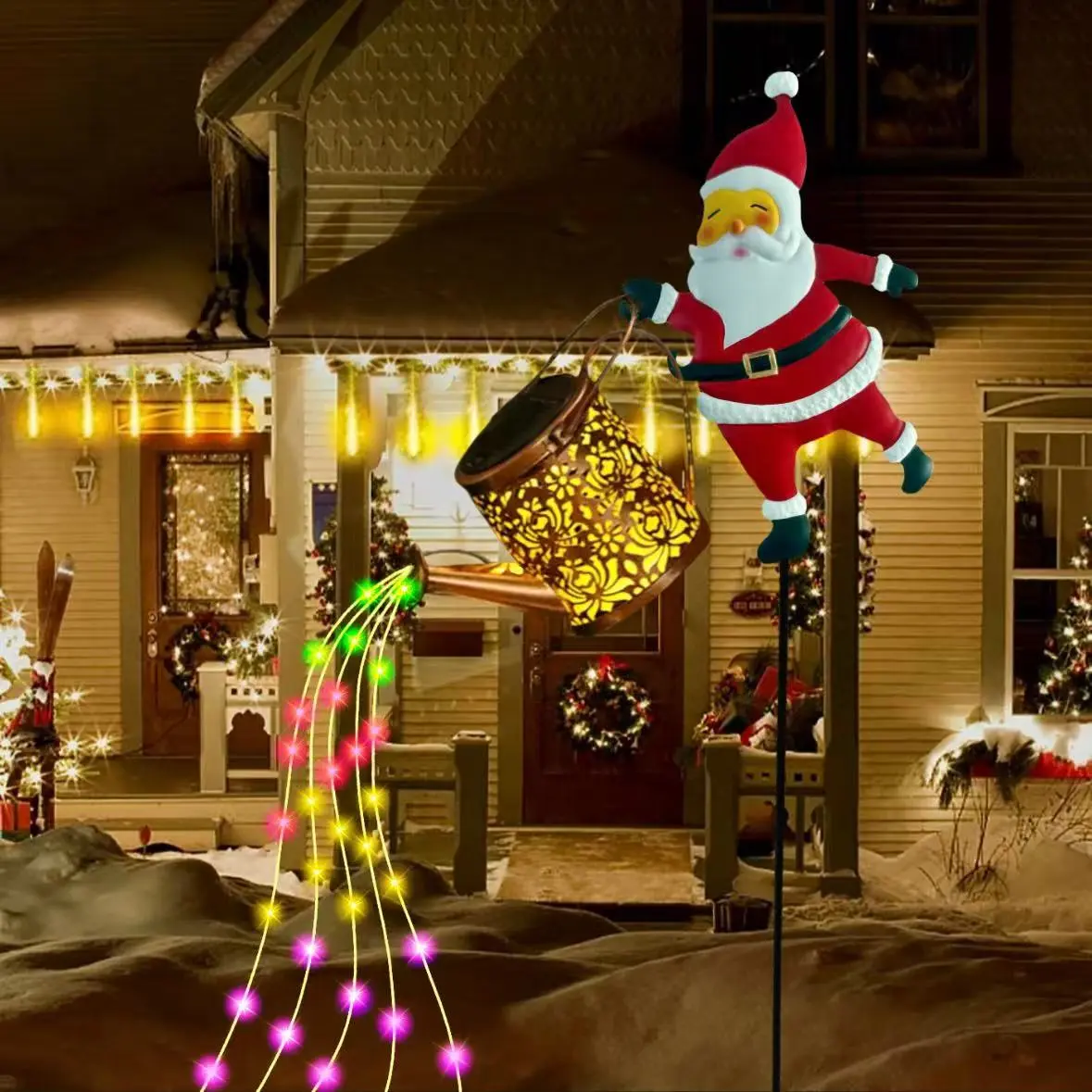 RUIDEL MICHAELS outdoor solar lights, metal watering can Santa Claus design, IP44 waterproof, Christmas snowman star flowing light string, exquisite outdoor Christmas decorations for courtyard, garden, lawn, corridor, the best Christmas gift for family an