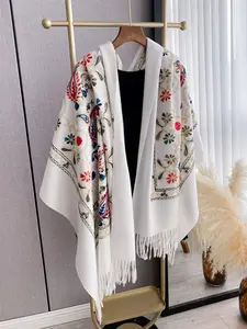 Boho Style Plants Embroidery Double Sided Paisley Print Scarf, Casual Soft Warm Fringe Trim Shawl for Women & Men, Fashion Accessories for Daily Wear