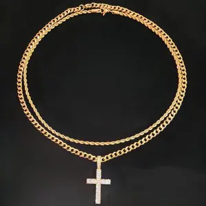 Double Cross Necklace Cuban Hip-Hop Style Longstacking Jewelry Punk Accessory in Titanium Steel with O-Shaped Chain for Unisex Fashion 21  karat  gold high end necklace