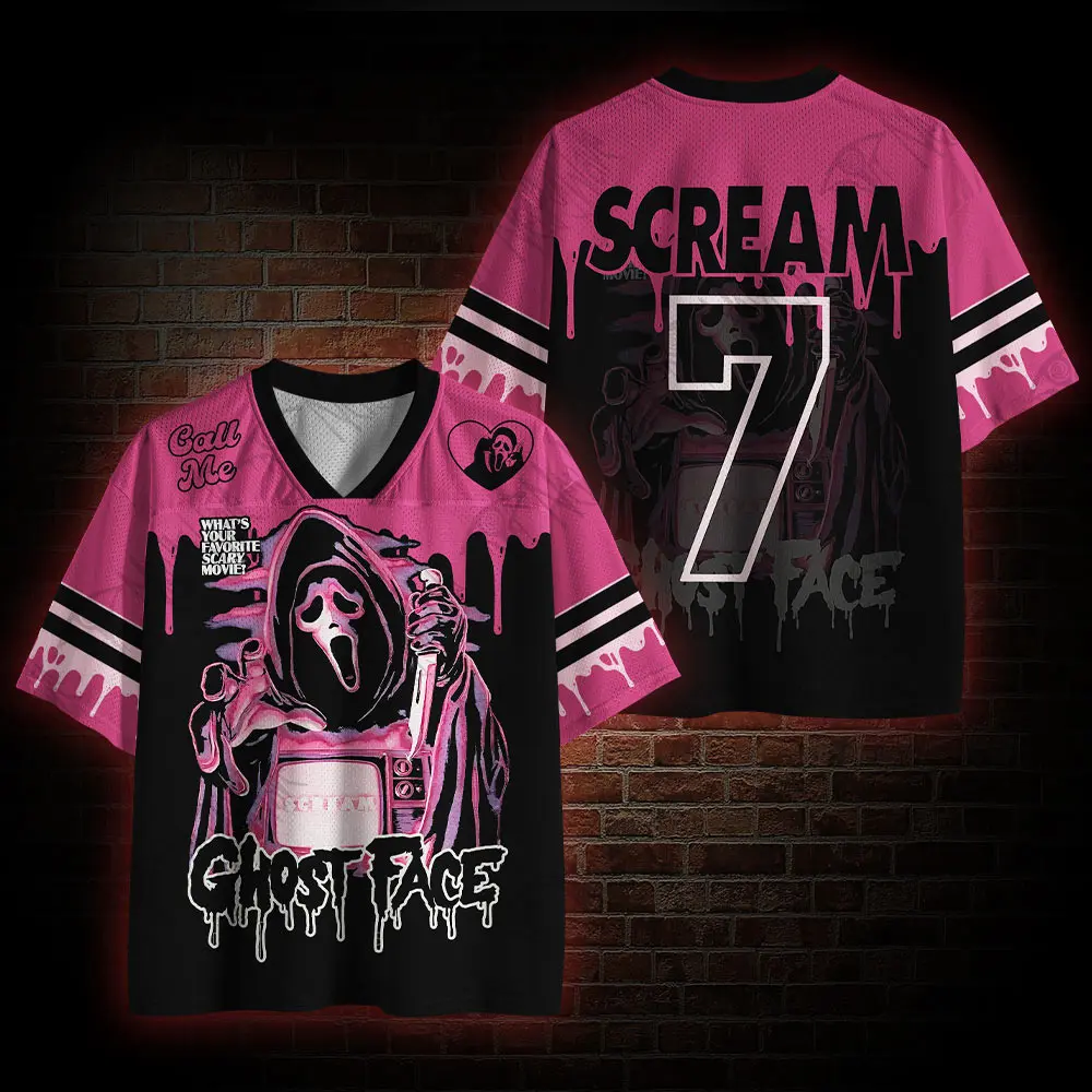 Pink Ghost Face Horror Movie Mesh Baseball Jersey, Slasher Killer Custom 7 Sport Shirt, Aesthetic Spooky Season Graphic Team Uniform, Novelty Halloween Party Costume Top