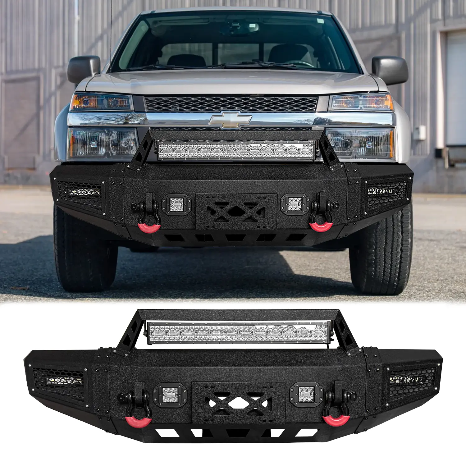Vijay Black Texture Steel-Solid Front Bumper for 2004-2014 Chevrolet Colorado - 2 D-Ring Mounts, Winch Plate Ready, Lighting + Tow Support, Durable, Reliable, Perfect Fit, Off-Road Upgrade, Improved Visibility, Simple Screw-In Car Body Repair Accessory