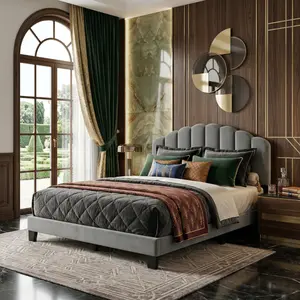 Chrisi Modern Velvet Upholstered Bed Frame with Elegant Scalloped Headboard – Luxury Bedroom Style By FOA