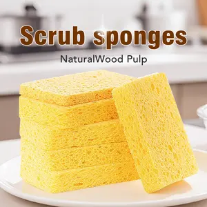 10 Counts Nature Wood Cellulose Sponges, Without Scratching Sponge of Heavy Duty Kitchen, Efficient Cleaning of Stubborn Stains, Yellow