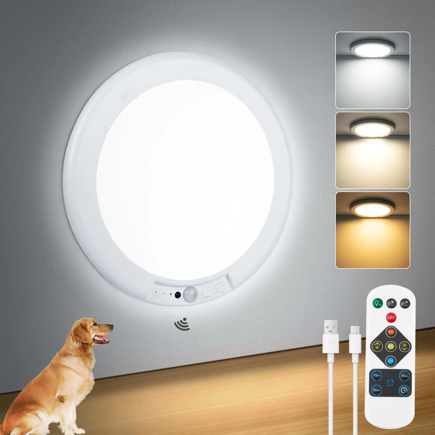 Battery Operated Ceiling Light with Remote, Rechargeable Shower Light Waterproof, Wireless Motion Sensor Ceiling Lights Indoor 3000K/4500K/6500K Dimmable for Bathroom Living Room Closet scenario hallway