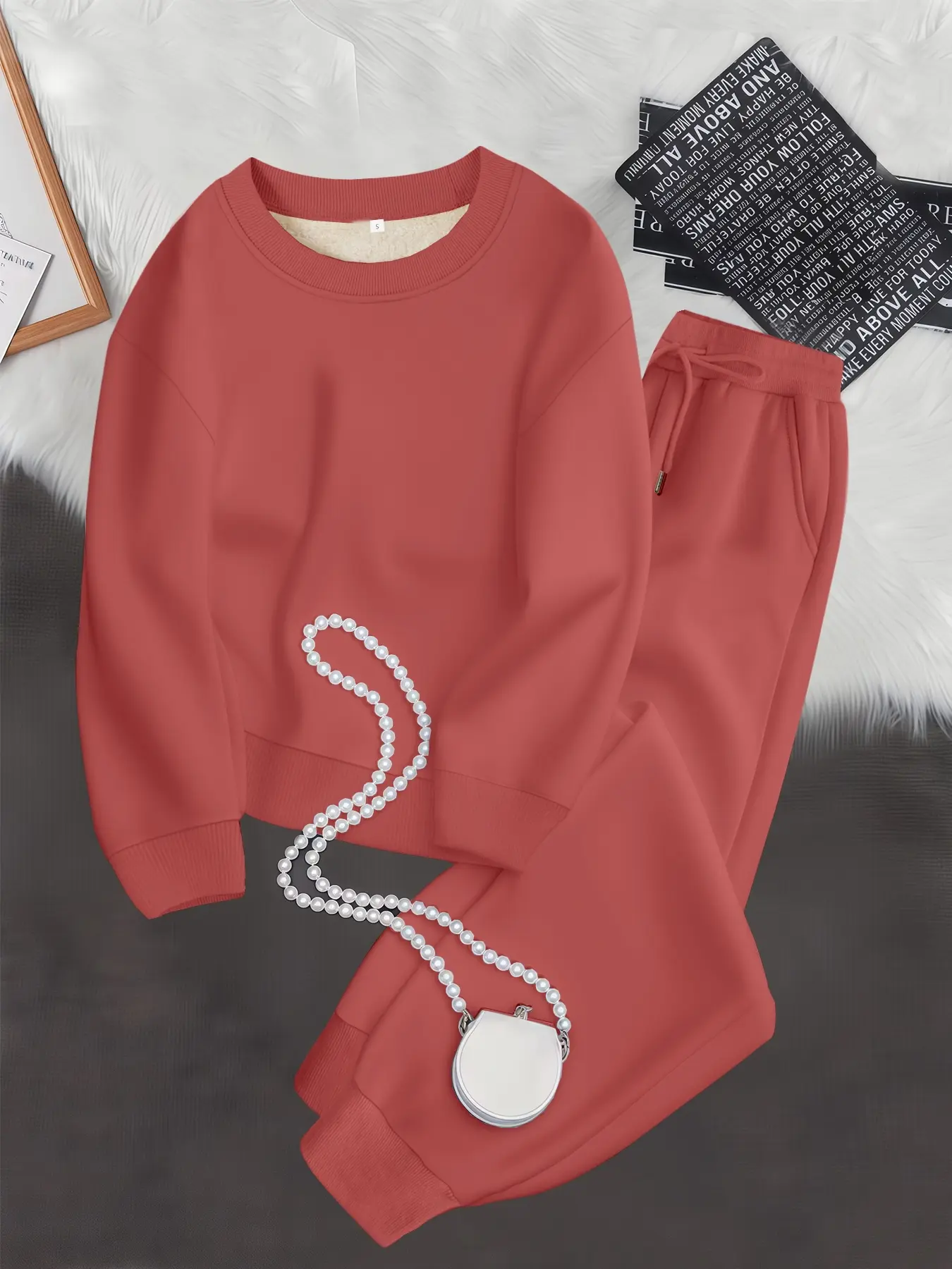 Women's Plain Plush Lined Fitted Sweatshirt & Drawstring Waist Sweatpants Two-piece Matching Set, Casual Round Neck Long Sleeve Pullover & Pocket Jogger Pants, Women's Two-piece Outfits for Winter, Tops