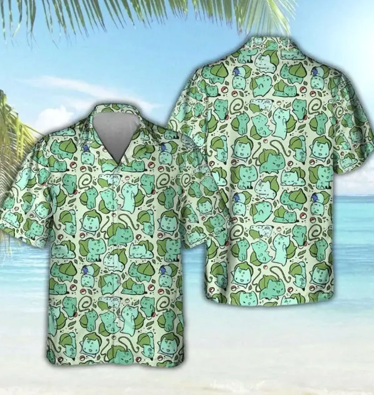 Bulbasaur Hawaiian Anime Button Up Shirt, Gifts for Him, Dad, Menswear, Collared Top Short Sleeve, Father's Day, Christmas, Birthday, Cartoon Frog