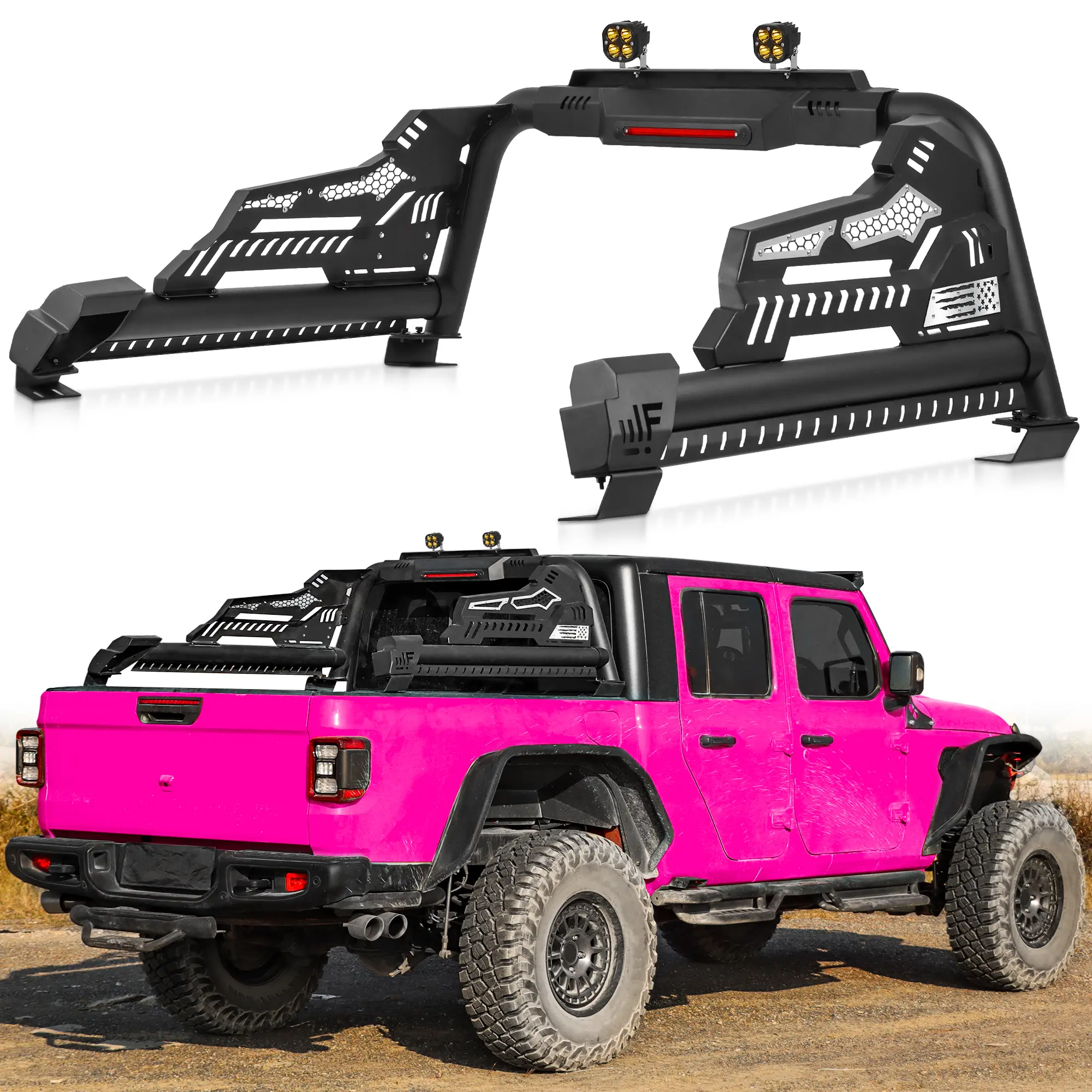 MONOKING  Full-Size Truck Bed Roll Bar for F150 F250 F350 Silverado Sierra Ram 1500-3500 Tundra and Titan, Dual Pod Lights