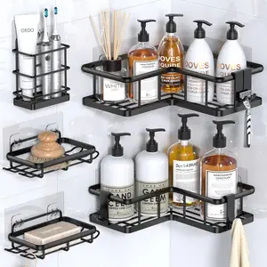 Corner Shower Caddy, 5-Pack Shower Organizer Corner with Soap Holder and 4 Removable Hooks, Rustproof Corner Shower Shelves, No Drilling Shower Shelf for Inside Shower
