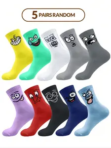 5 Pairs Random Couple Socks, Multi-Color Fun Expression Patterns, Ribbed Cuff Mid-Calf Socks, Casual Daily Wear, Sock Set