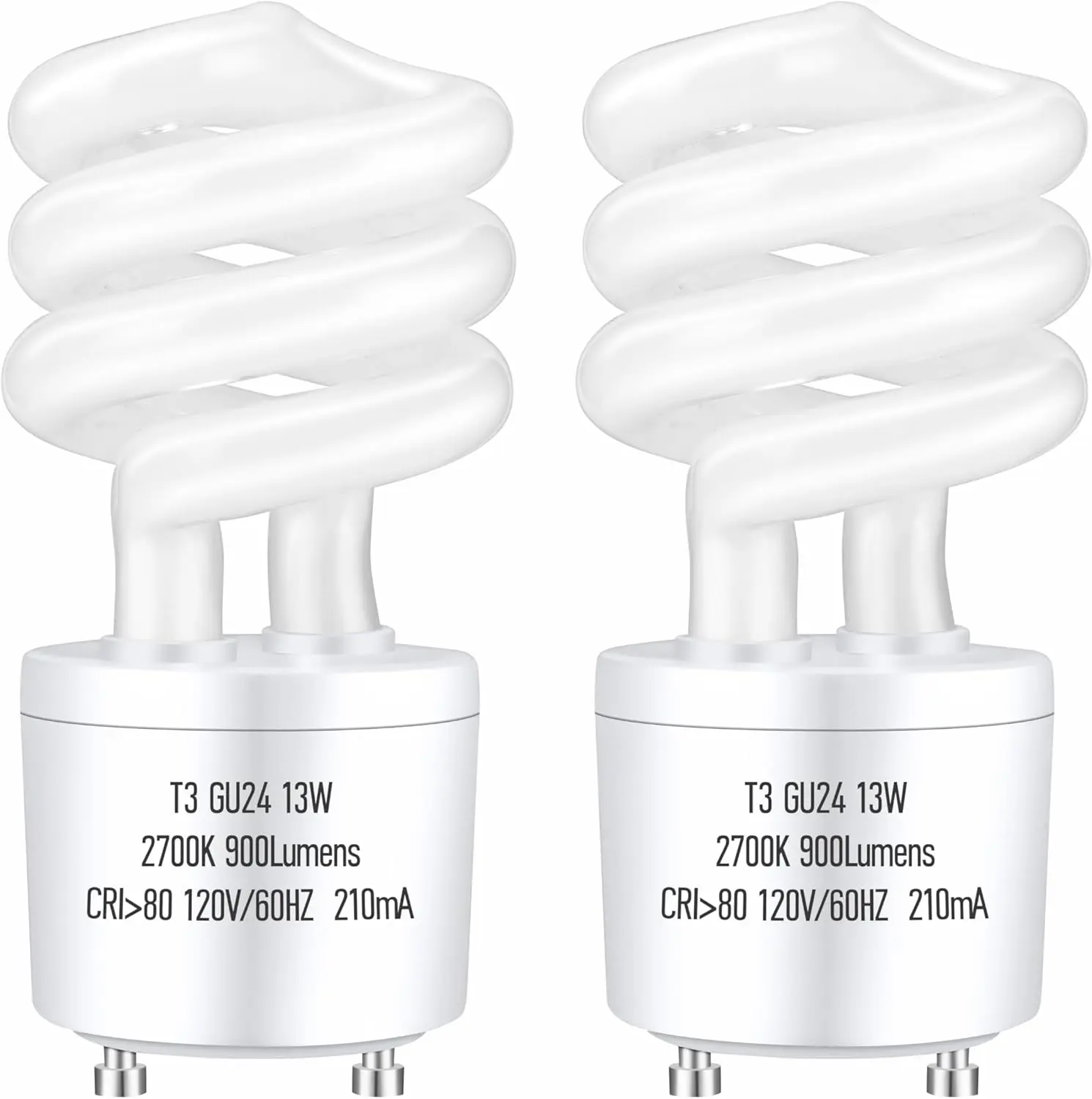 GU24 13Watt 2700K 900lm CFL Light Bulbs, T3 Spiral Gu24 Base 2 Prong (60W Equivalent) Soft White Compact Fluorescent Light Bulbs, UL Approved, 120v 60Hz, Self Ballasted, Indoor Use (2 Pack)