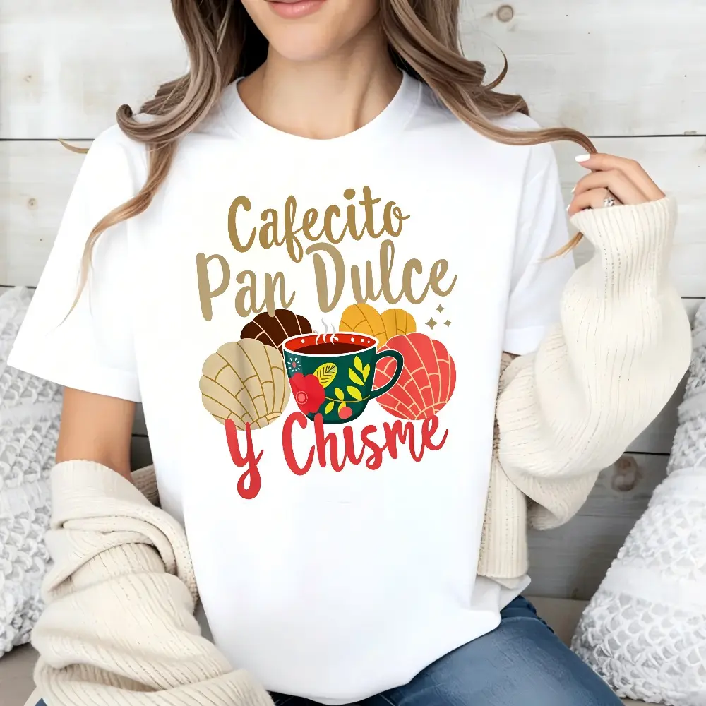 Hispanic Mexican Concha Coffee Cafecito Pan Dulce and Chisme Graphic T-Shirt for Summer Soft Comfortable Women'S Short Sleeve Top,Men's T-shirt,New Arrival