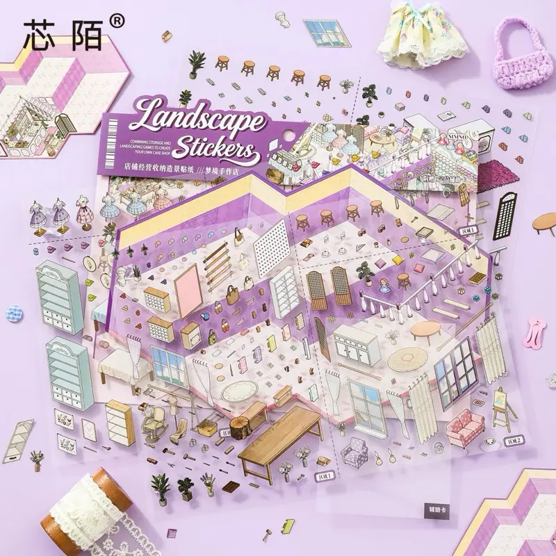 Scenery stickers -3D restocking. Grocery store, cake shop, restaurant, flower market