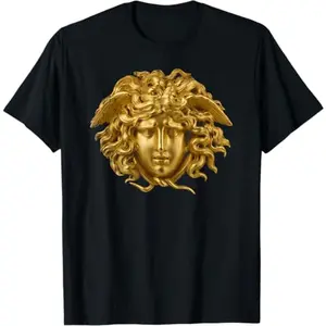 Medusa pattern T-shirt, cool design, gold embossed avatar, snake hair curled and wrapped. Suitable for men, women, mothers and friends, couple style, fashionable and loose, youthful and energetic, men's daily wear top
