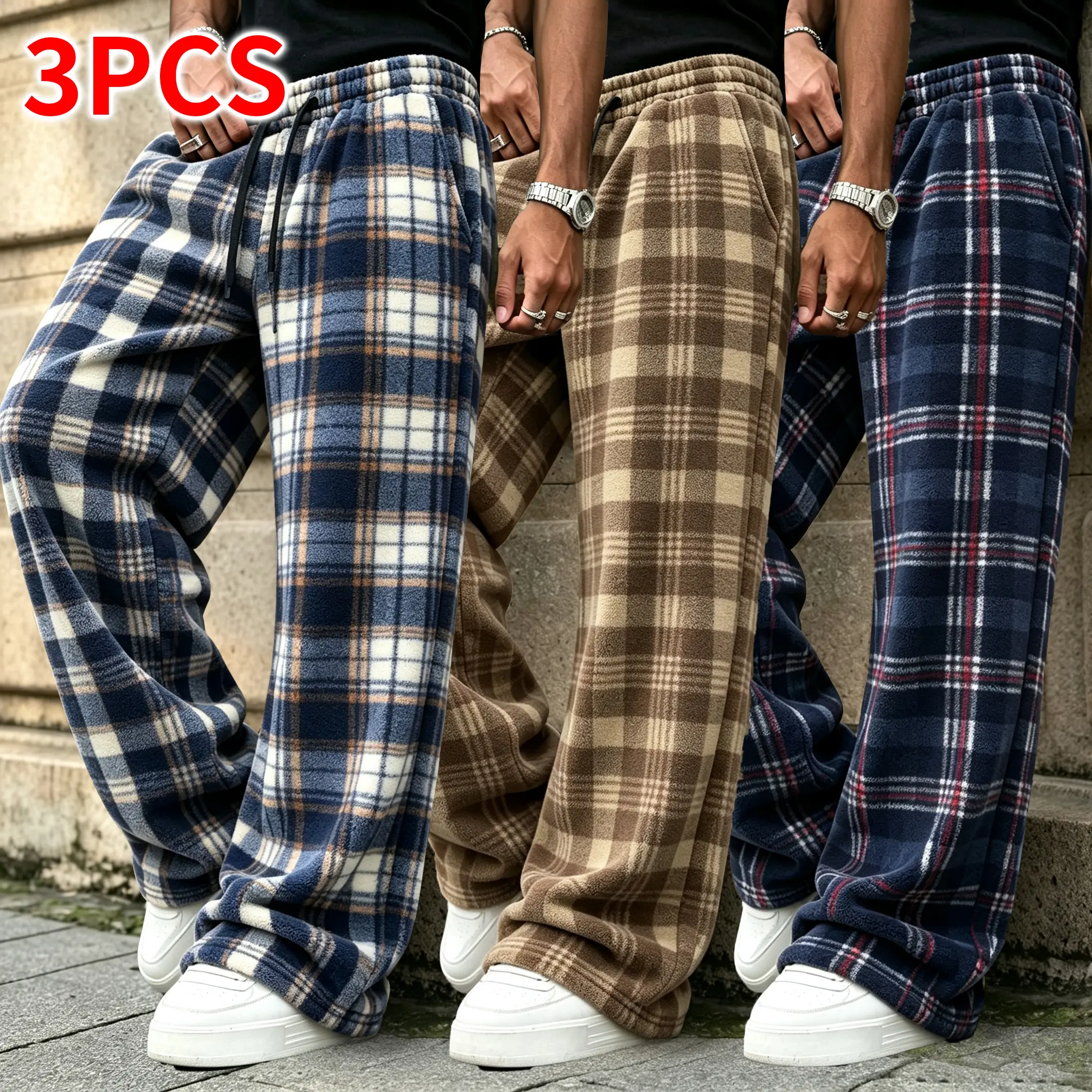 3-pack / Single piece men’s loose plaid pants, vintage check wide-leg drawstring pants, loose street hip-hop casual pants for everyday wear