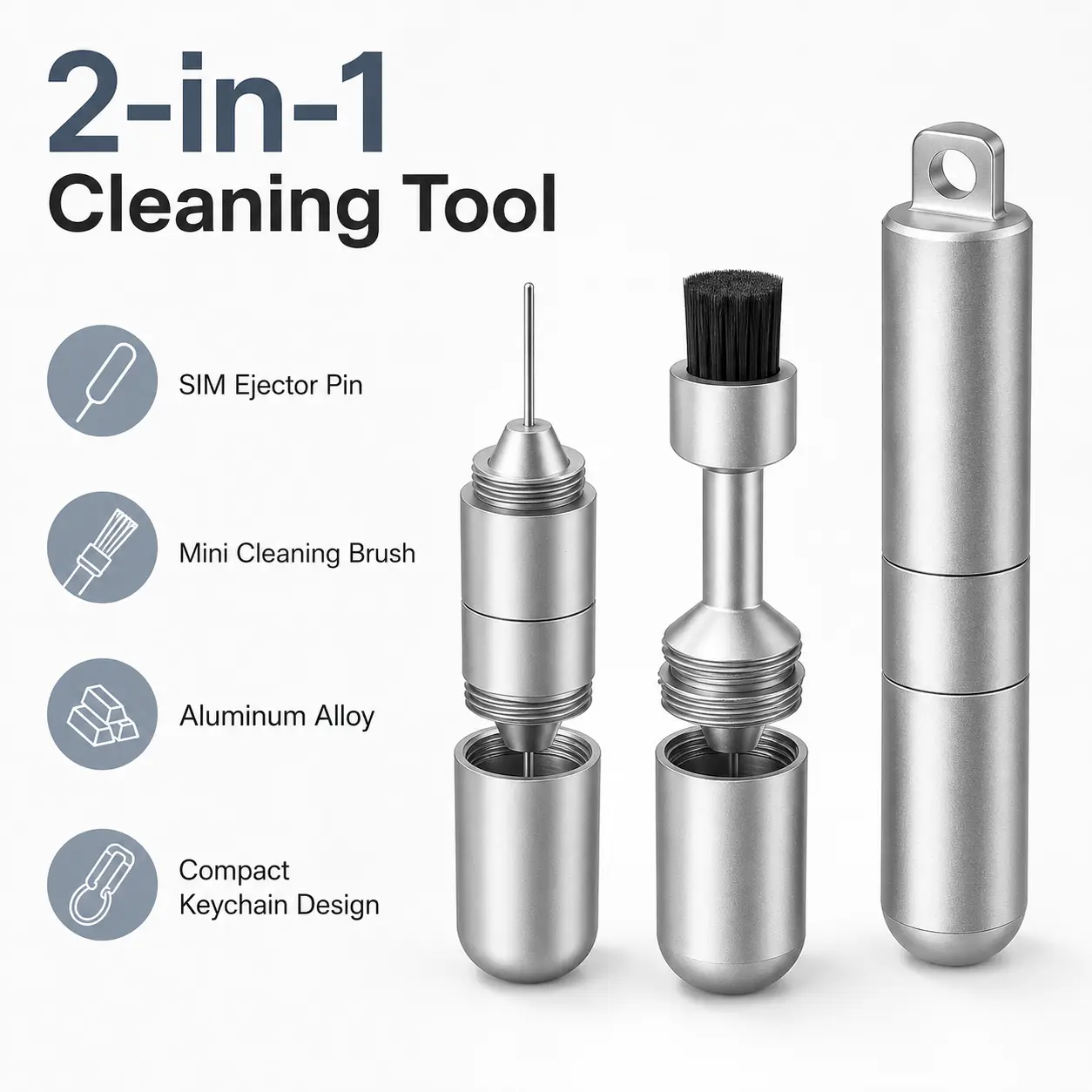 2-in-1 SIM Card Ejector Tool with Cleaning Brush, Portable Aluminum Keychain Phone Port Cleaner for SIM Tray, Earbuds, Phones & Tablets