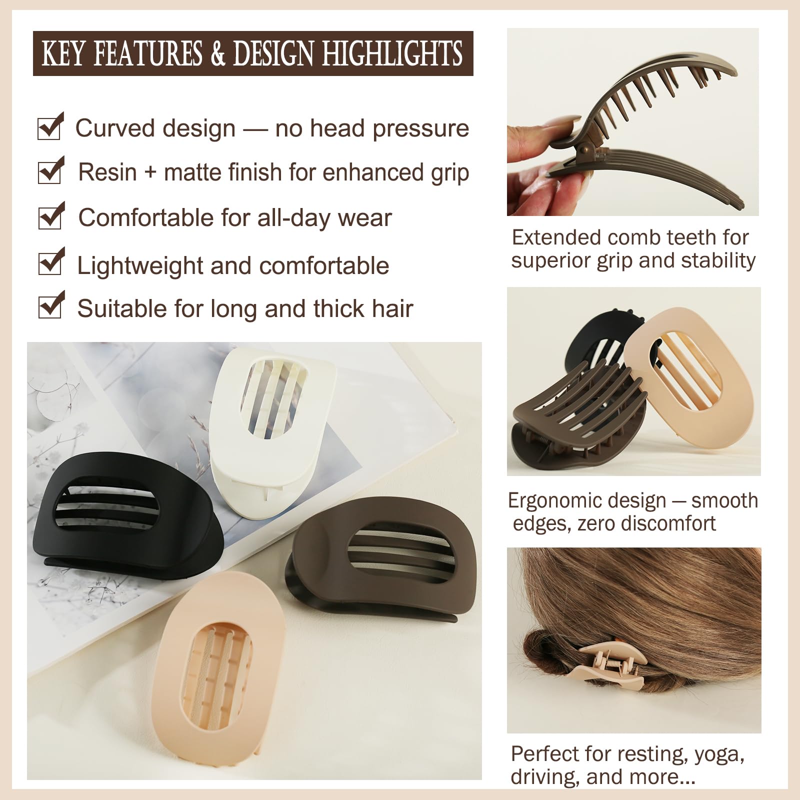 Flat Hair Claw Clips for Women Matte Medium Clips for Thick & Thin Hair Comfortable Everyday Use Office Yoga Party Casual Styling 4PCS C Set