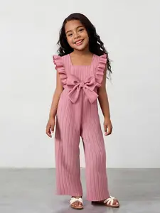 Summer Girls Plain Sleeveless Jumpsuit, Sweet Bow Decor, Fitted One-Piece, Cute Style