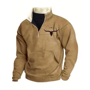 Men's retro printed casual zip-up denim sweatshirt, western Aztec style wool pullover sweatshirt, autumn and winter collection