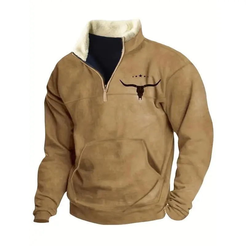 Men's retro printed casual zip-up denim sweatshirt, western Aztec style wool pullover sweatshirt, autumn and winter collection