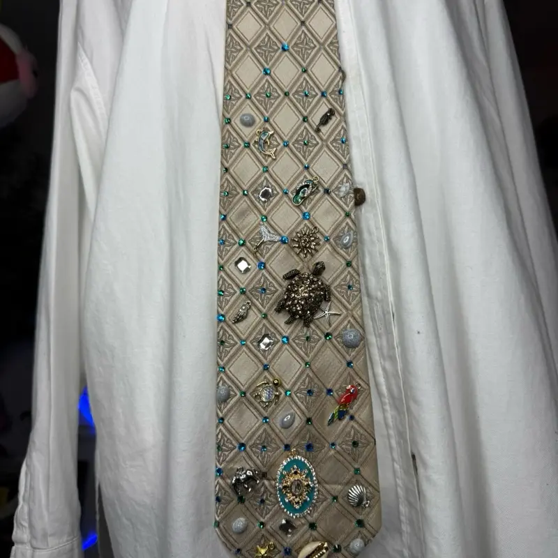 Beige Tropical Treasure Box Tie with Embellished Design and Unique Pin Accents for Stylish Outfits