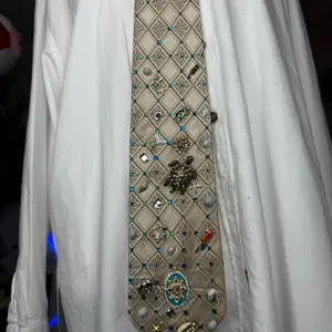 Beige Tropical Treasure Box Tie with Embellished Design and Unique Pin Accents for Stylish Outfits