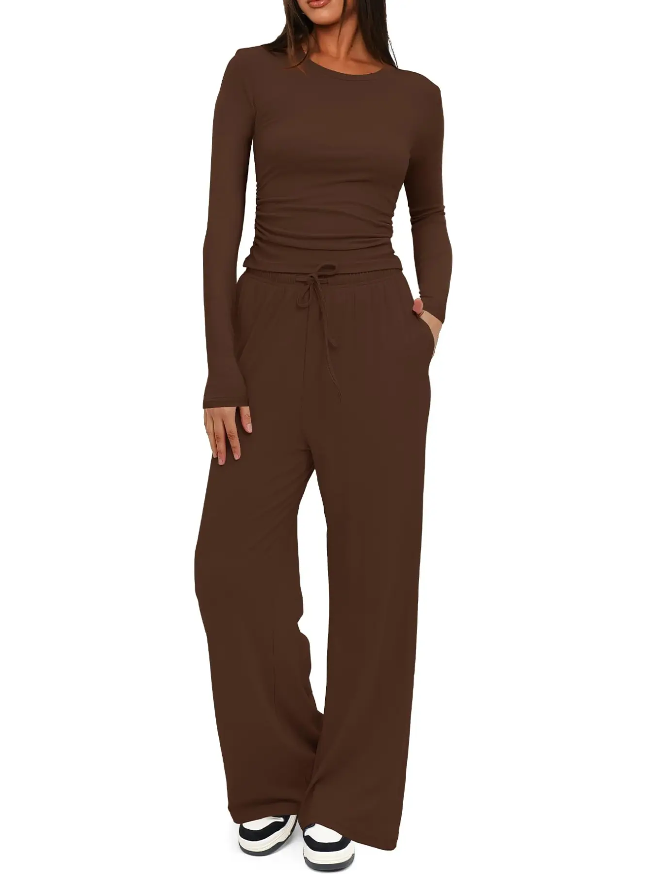 Women's 2-Piece/6-Piece Plain Slim-Fit Long Sleeve Top Pants Sleepwear Set, Soft Comfortable Homeewear, Casual Yoga Wear, Loungewear, Homewear, Pajama Set