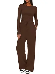 Women's 2-Piece/6-Piece Plain Slim-Fit Long Sleeve Top Pants Sleepwear Set, Soft Comfortable Homeewear, Casual Yoga Wear, Loungewear, Homewear, Pajama Set