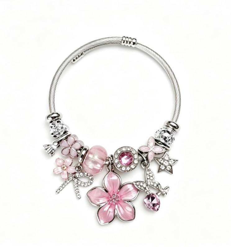 Tone Silver Twisted Open Bangle Pink Blue Black Purple Sakura Flower Crystal Rhinestone Charm Bracelet Women Sweet Girly Jewelry Gift