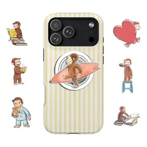 Cute Monkey Curious George Phone Grip With Yellow Striped Phone Case Pastel Summer Colors Aesthetic Cute Cover  Phone Case Phone Cover Hard Cases Tough 2-piece Magnetic Phone Case Phone Holder MagSafe PopSocket Phone Grip Magnetic Pop Socket Phone Grip