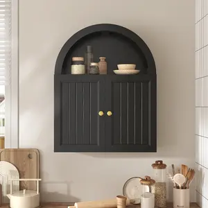 Arched Bathroom Wall Cabinet with Grille Door Black