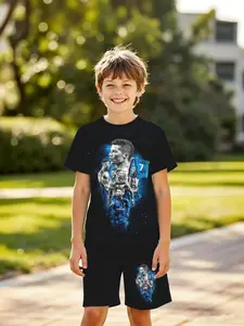 Kids Football Star C Ronaldo Career Highlight Blue Flame Print Shorts Set, Casual Summer, Outdoor Play, Holiday Gift, Birthday Present