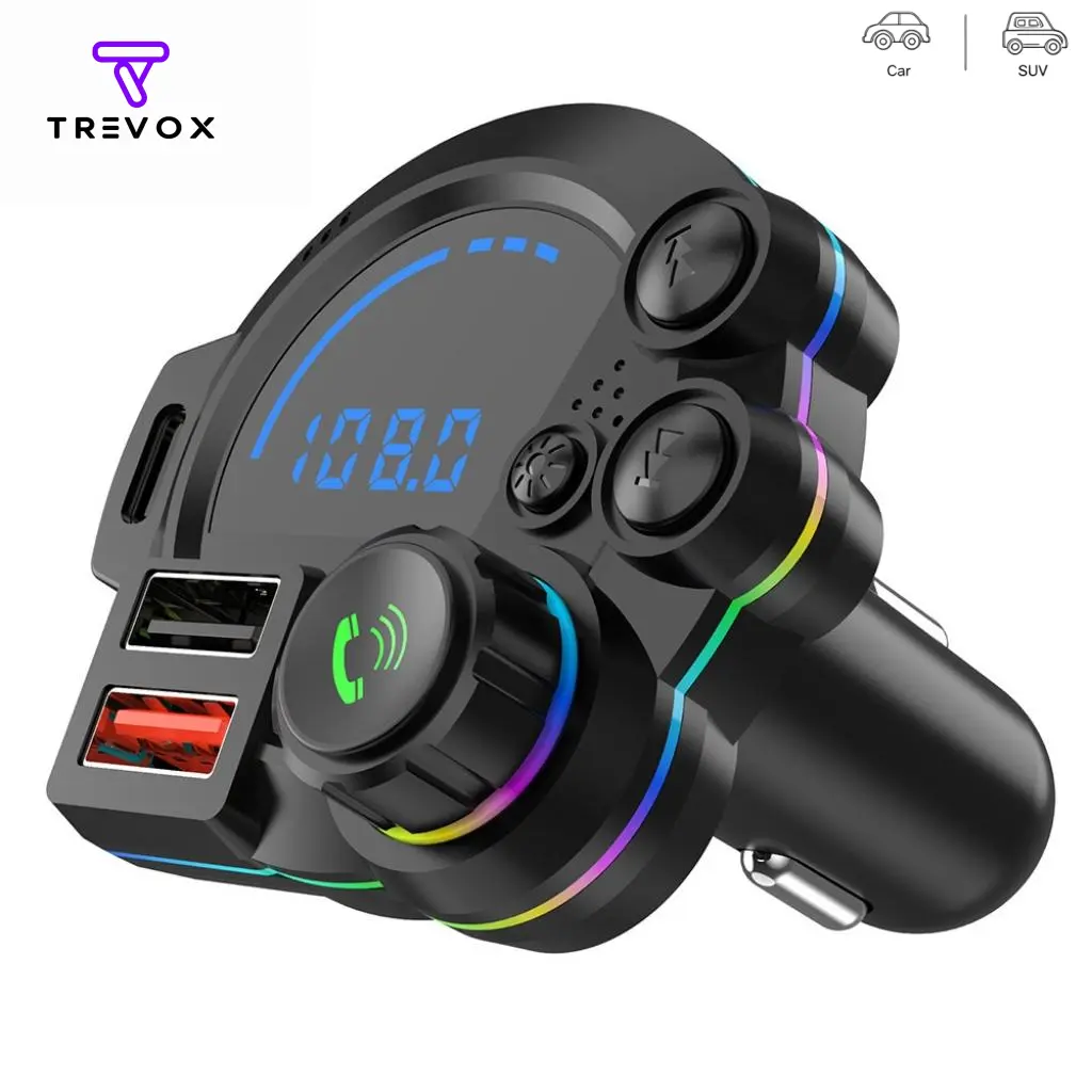 This car Bluetooth 5.3 FM transmitter and wireless MP3 player features dual USB ports, compatible with TF cards and USB flash drives, supports wireless radio and hands-free calling, and is compatible with 12V-24V voltage.