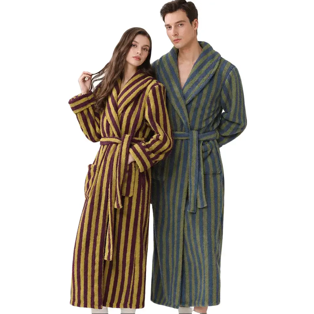 Striped Bathrobe, Winter Plush Coral Fleece Robe for Men & Women, Long Warm Flannel Loungewear with Pockets, Cozy Shawl Collar Sleepwear