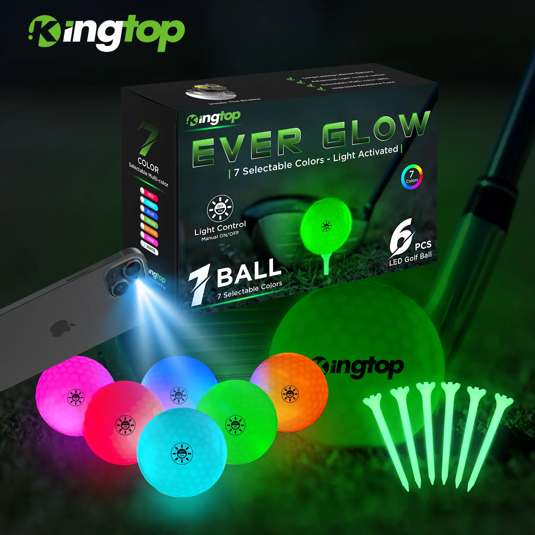 KINGTOP Glow in the Dark LED Golf Ball - Light Activated Light up Golf Ball with Fluorescent Tees and Storage Bag, Fun Night Golf Gift for Men and Women