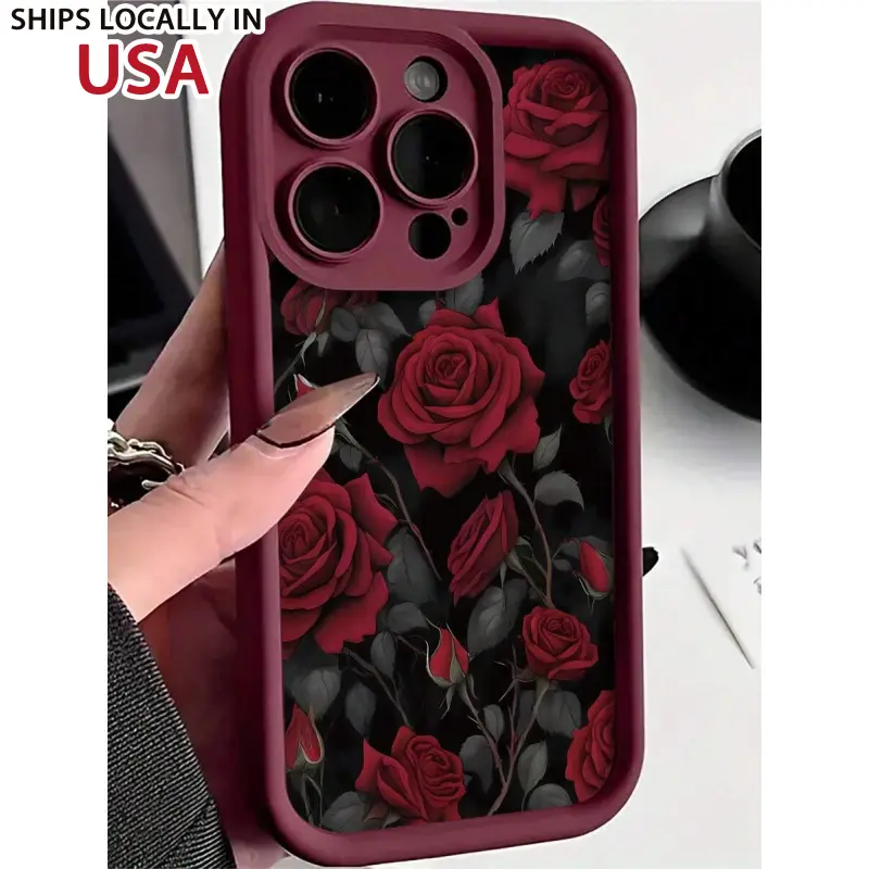 1pc Red Rose Pattern Silicone Matte Shockproof Full Cover Phone Case Compatible With IPhone 16/16E/15/14/13/12/11/Pro Max/X/XS/XR/XS Max/7/8/7 Plus/8 Plus