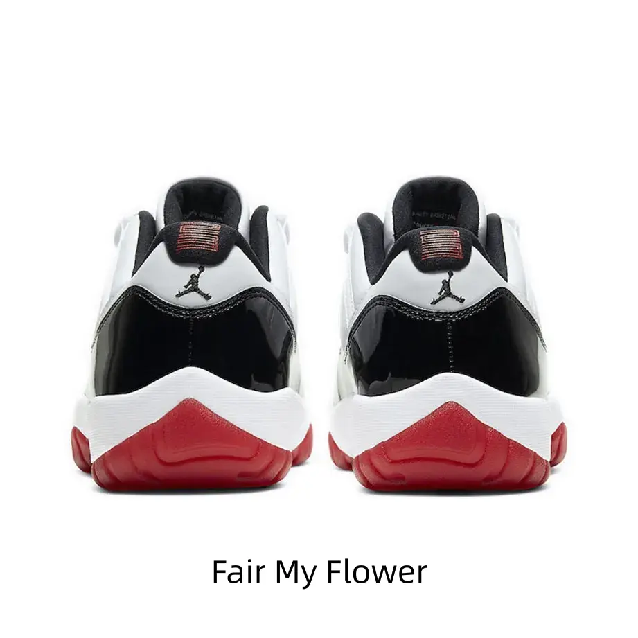 This black white red patent leather low-top retro basketball sneakers feature classic jumpman heel logo, soft padded ankle collar and shock-absorbing midsole, perfect for street fits, casual walks and all-year daily training