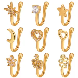 9 Count Fake Nose Ring Cuff for Women, 24K Gold Plated over Brass Imitation Gold, Adjustable Non Piercing Clip On Nose Cuff with Cubic Zirconia, Faux U-Shaped Nose Ring Jewelry (Star, Heart, Crown, Snake)
