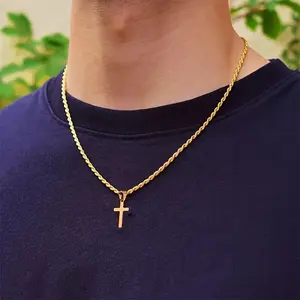 Golden Cross Necklace Golden-Plated Men's Cross Pendant Necklace | Minimalist Rope Chain, Durable Tarnish-Resistant Design, Cool & Stylish Jewelry Gift for Casual Attire