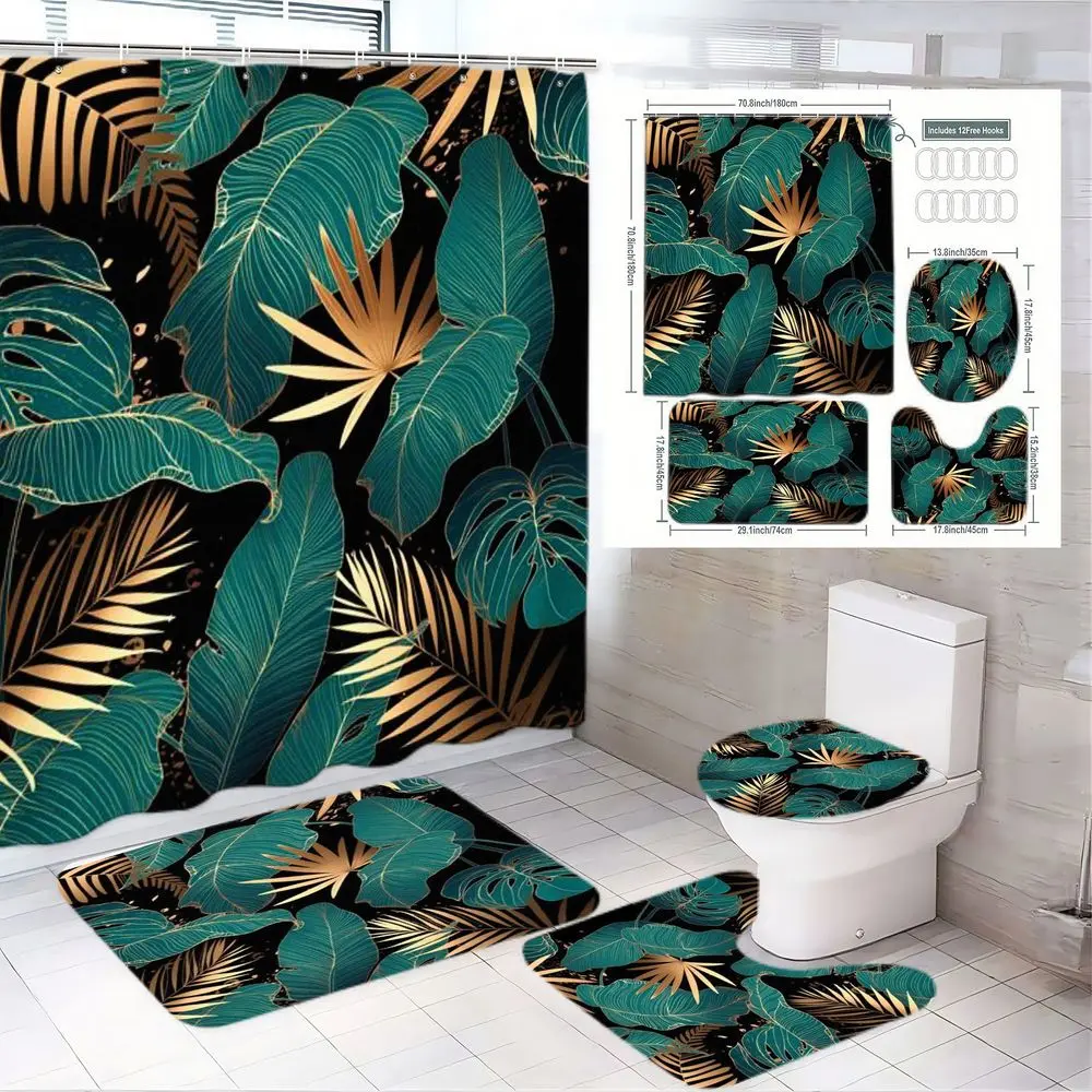 1/4pcs Tropical Teal Green Leaves Golden Palm Fronds Shower Curtain Set with Toilet Seat Cover & Rugs, Exotic Nature Inspired Bathroom Decor for Luxury Exotic Vibe - Perfect for Summer Vacation, Getaway, or Home Renovation Gift Bathroom Accessory