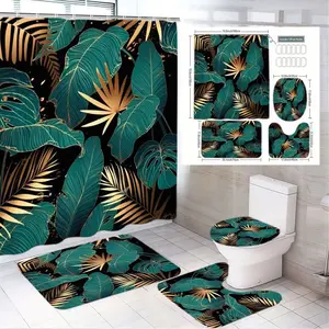 1/4pcs Tropical Teal Green Leaves Golden Palm Fronds Shower Curtain Set with Toilet Seat Cover & Rugs, Exotic Nature Inspired Bathroom Decor for Luxury Exotic Vibe - Perfect for Summer Vacation, Getaway, or Home Renovation Gift Bathroom Accessory