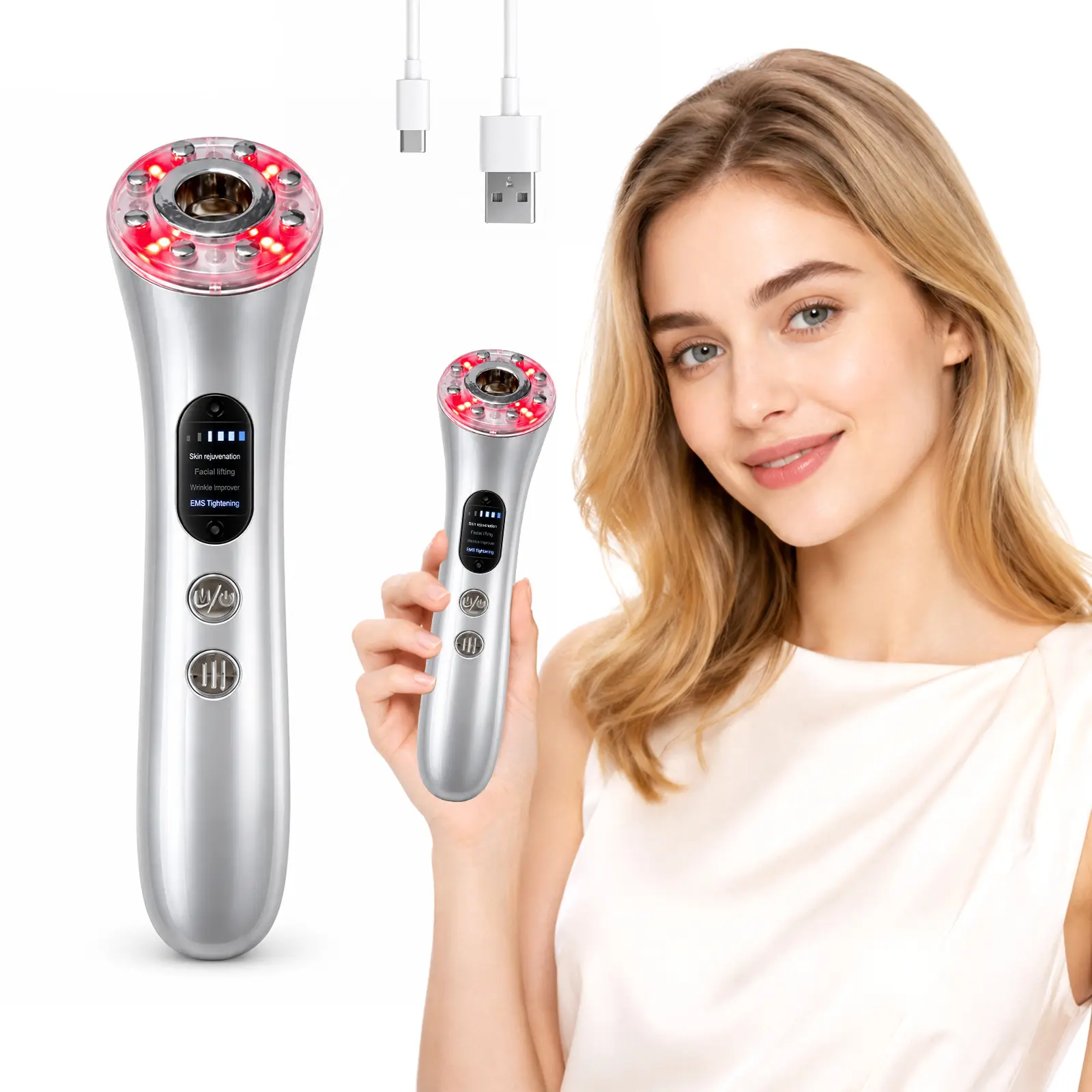4-in-1 Red Light Facial Massager, Face and Neck Beauty Device with Heat, Vibration and EMS Contact Mode, Type-C Charging Skincare Tool for Home Beauty Routine