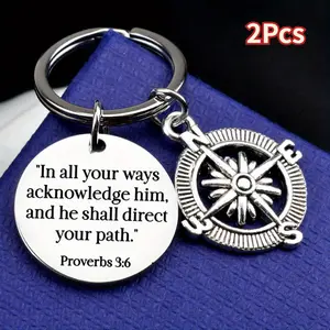 2Pcs Bible Inspirational Stainless Steel Keychain Compass Pendant Keychain For Men