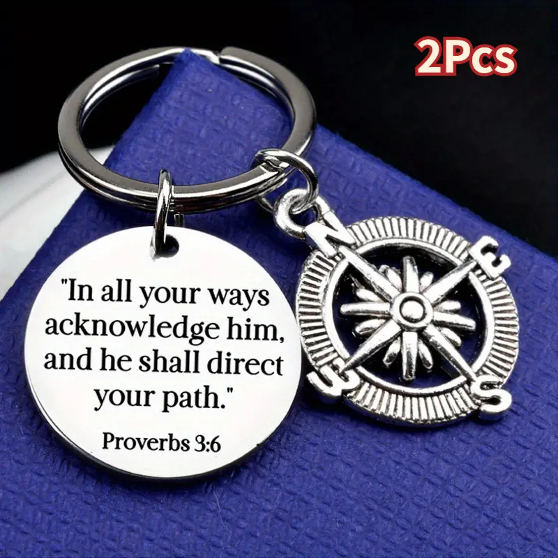 Men's 2-Piece Metal Keychain Set, Stainless Steel Inspirational Compass Pendant with Bible Quote, Religious Anniversary Gifts, Men's Keychains, Set Of Two